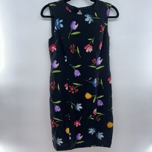 Vintage Maggie London Silk Watercolor Flowers Little Black Cocktail Dress Size 4